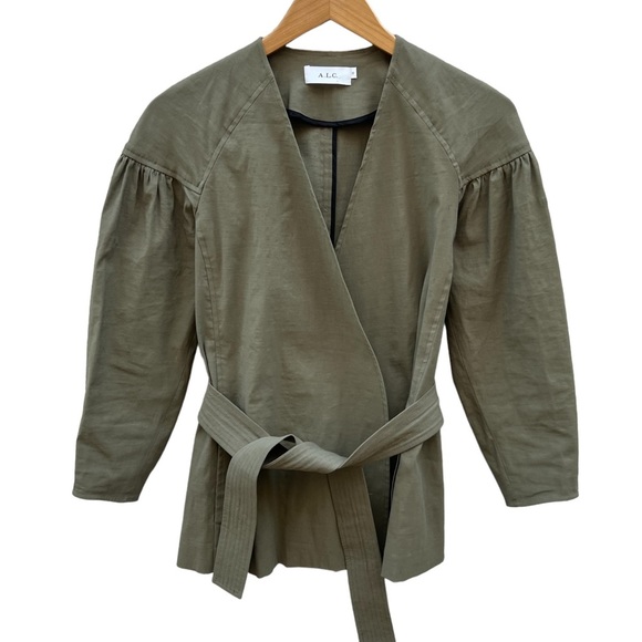 A.L.C. Kendrick Linen Blend Belted Kimono Puff Jacket Olive Green Sz O - Picture 8 of 14